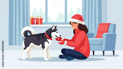 Festive holiday scene with a person in a Santa hat petting a husky