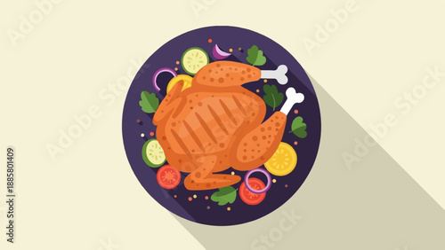 Flat illustration of a roasted chicken served with vegetables on a dark plate