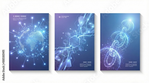 Set of futuristic digital abstract covers with global network,hexagons and blockchain chain elements,technology innovation design templates for business or science