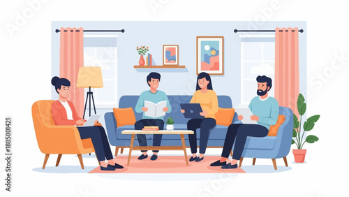 Four people relax at home with books and laptops