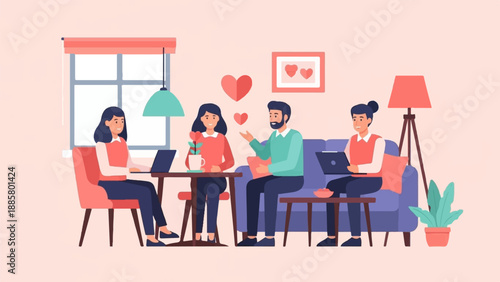 Four people interacting in a room with laptops and hearts, cozy atmosphere