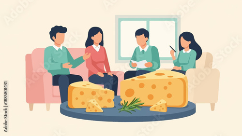 Four people seated around a table with giant cheese slices and rosemary