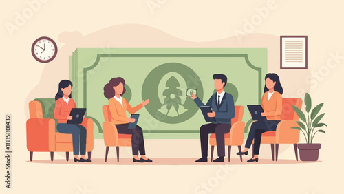 Four people in meeting with large money bill and clock in background