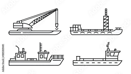 Maritime Machines: A quartet of varied maritime vessels, showcasing their distinct profiles and industrial function. Designed in a modern, minimalistic outline.