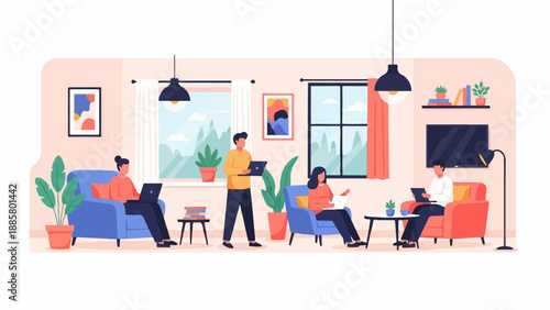 Four people use laptops in a cozy living room with plants and art