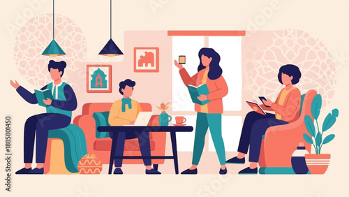 Four people relaxing indoors, reading and using devices in a cozy setting