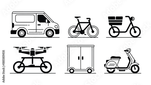 Transportation Icons: A collection of transport vehicle icons including a delivery van, bicycle, delivery scooter, drone, cabinet, and motor scooter.