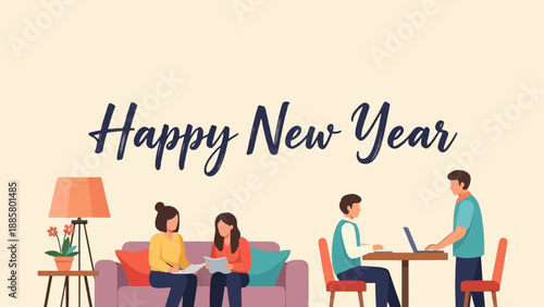 Festive greeting with people working and relaxing in a cozy setting