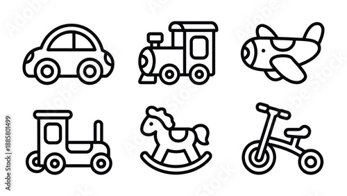 Toy Transportation Icons: A delightful collection of children's toy vehicles, depicted in a simple, playful line art style, perfect for evoking a sense of joy and imagination.