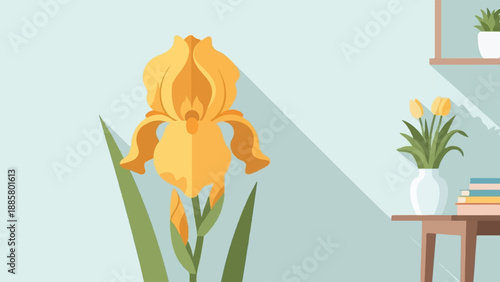 Flat illustration of a yellow iris flower and tulips in a vase