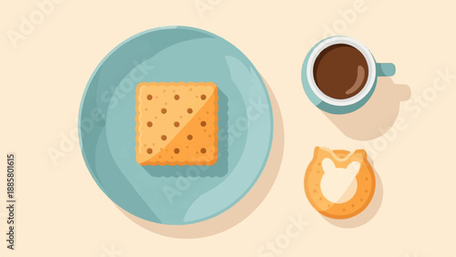 Flat illustration of coffee cup and crackers on a pastel background