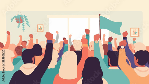 Flat illustration of diverse crowd with raised fists holding a flag