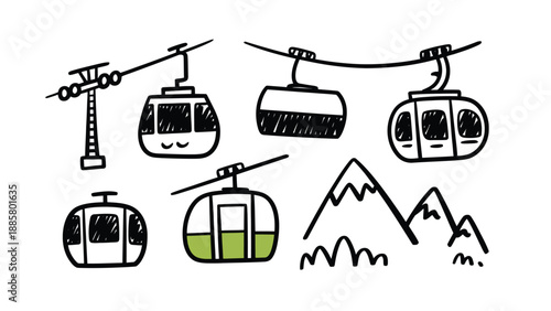 Cable Car Illustration: Hand-drawn illustrations of cable cars and mountains, evoke the experience of a scenic gondola ride through the mountains, representing travel and adventure.
