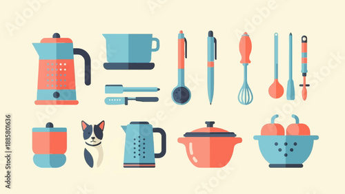 Flat illustration of kitchenware and a cat with fruit in a bowl
