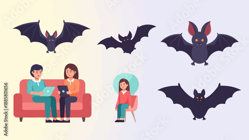 Flat illustration of people and bats, two on a couch and one seated