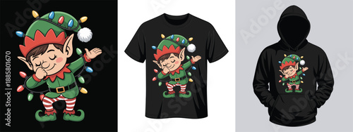 Dabbing Elf with Christmas Lights - Funny Holiday T-Shirt Graphic