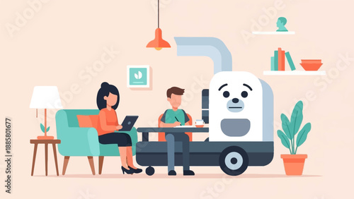 Flat illustration of people and robot in cozy room