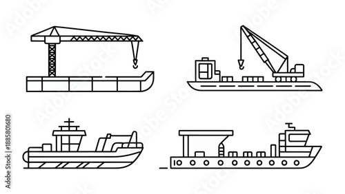 Industrial Vessels: A stark collection of industrial ships, meticulously rendered in a sleek, minimalist style, perfect for illustrating the essence of industry and transport.