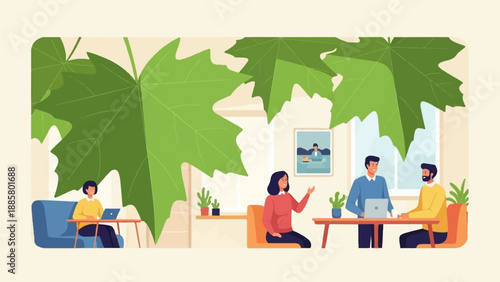 Flat illustration of people collaborating in a bright, plant-filled indoor space