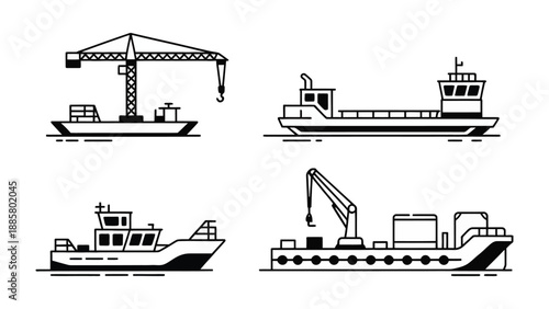 Marine Transport Array: An illustration of a group of transportation boat representing the transport industry. Focusing on details of boat and crane