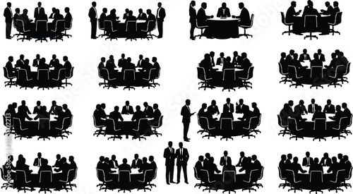 Business meeting silhouettes set, corporate team discussions collection, people sitting at conference tables, professional teamwork black shadow illustration
