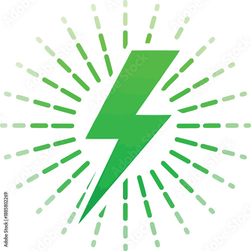 Green lightning bolt symbol with radiating lines, energy, power, electricity, speed, strength, force, dynamic, bright, vibrant, modern, electric, revolution, innovation, concept