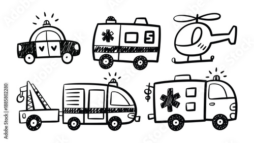 Emergency Vehicle Doodle: A collection of hand-drawn emergency vehicles, each with its unique design, showcasing the diversity of services