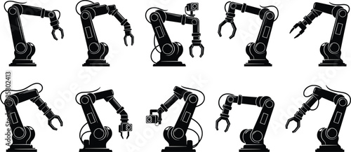 Black industrial robotic arm silhouette vector set showing different positions for automation, manufacturing, engineering, and technology design isolated on white background