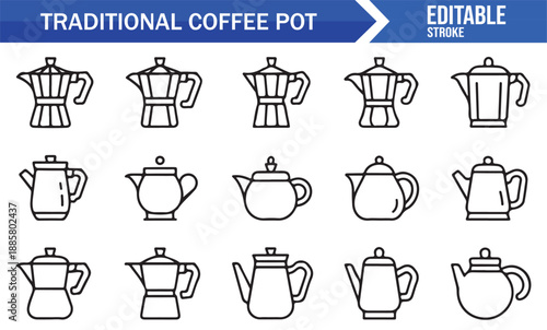 Coffee pot and brewing vessel outline icons for infographics