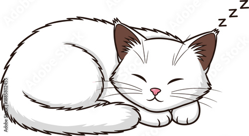 Cute cartoon white kitten with brown ears curled up and sleeping peacefully, perfect for pet, relaxation, and childish designs