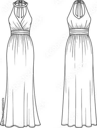 Technical fashion illustration of elegant halter neck maxi dress with gathered waist, front and back view line art sketch design template