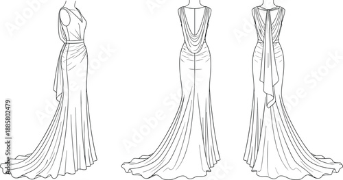 Technical fashion illustration of elegant sleeveless draped evening gown with flowing train, waist belt, and front back side views line art