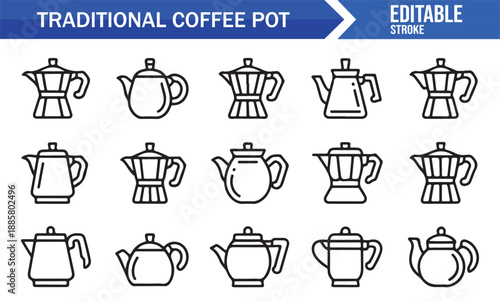 Editable coffee pot vector icons in minimal outline style