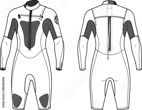 Full body wetsuit technical illustration front and back view neoprene water sports suit design for surfing diving swimming and triathlon
