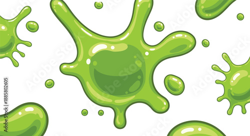 Green slime splash illustration, cartoon goo liquid splatter shapes, toxic fluid drops, playful abstract splash background isolated on white