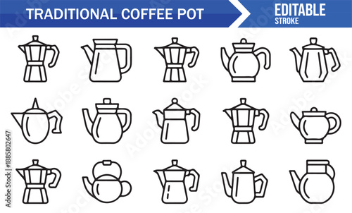 Coffee brewing and moka pot outline icon set