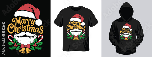 Marry Christmas Santa Claus t-shirt design with candy canes and bells