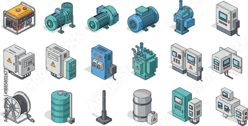 Industrial equipment icons, isometric style, electrical components, generators, control panels, vector illustration, editable design, isolated, engineering tools
