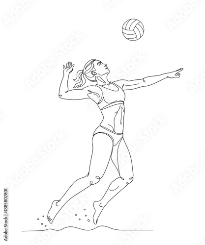 Female Beach Volleyball Player Jumping to Hit Ball Line Art