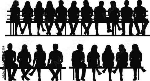 People sitting on bench silhouettes set, men and women waiting together, social crowd concept, black shadow figures isolated background