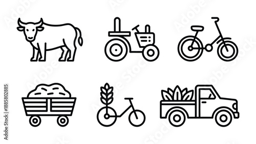 Rural Line Icons: A collection of simple line icons depicting essential elements of rural life, ideal for projects related to farming, agriculture, and countryside activities.