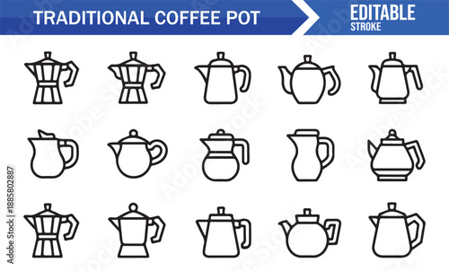 Traditional coffee brewing pot editable icon pack