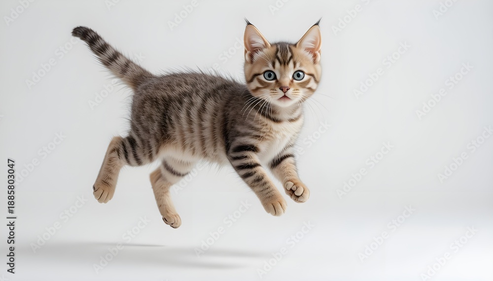 Fototapeta premium Adorable tabby kitten jumping with playful energy