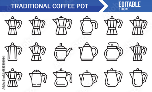 Editable moka pot and coffee brewing icons collection