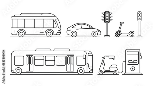 Transportation Icons: A collection of various transportation icons, including a bus, a car, traffic lights, scooter, and electric scooter, all in a clean, minimalist style.