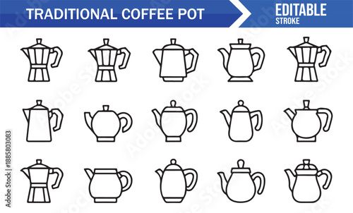 Traditional coffee pot icon set in editable outline vector style