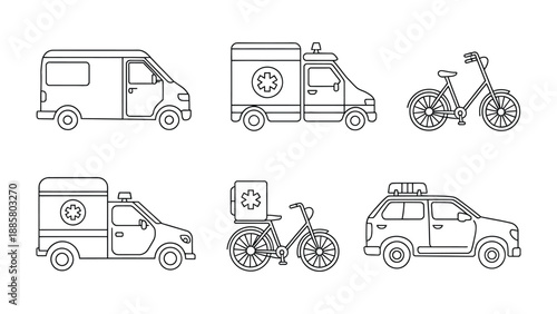 Transportation Fleet: An array of various transportation modes are illustrated in a sleek, streamlined style, highlighting the diverse ways people move and the functionality of different vehicles.