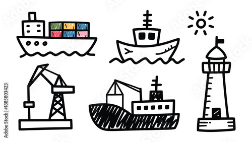 Coastal Icons: A collection of charming nautical line drawings depicts a lighthouse, cargo ship, fishing boat, crane, and radiant sun, capturing the essence of maritime life.