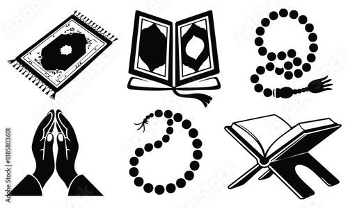 Set bundle Ramadan silhouette prayer items quran and praying hands collection