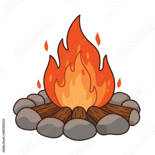 Glowing Campfire with Orange Flames and Logs Surrounded by Gray Stones Illustration